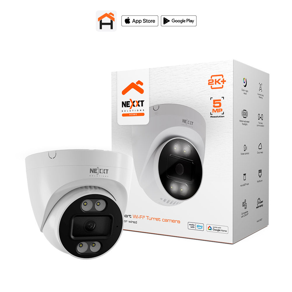 Nexxt Smart Home Indoor (Covered Outdoor) Turret Camera 2K Wired Motion Activated Light 400 Lumens - 2 Way Communication Night Vision - Siren - White