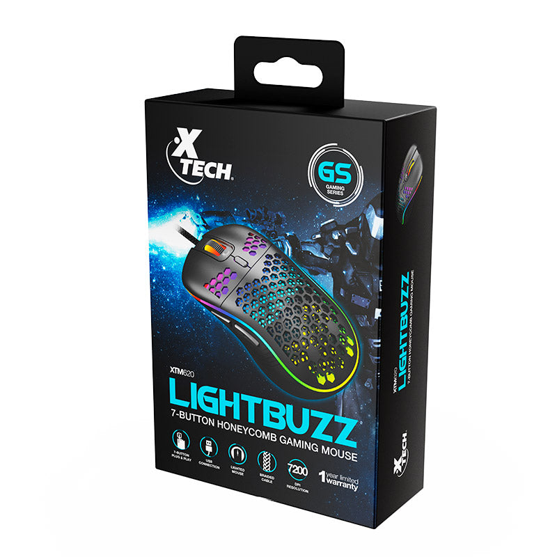 Xtech Mouse Wired Lightbuzz 3D 7 Button Honeycomb 13 Preset Lighting Effects RGB Backlighting 7200dpi Adjustable Settings - Black
