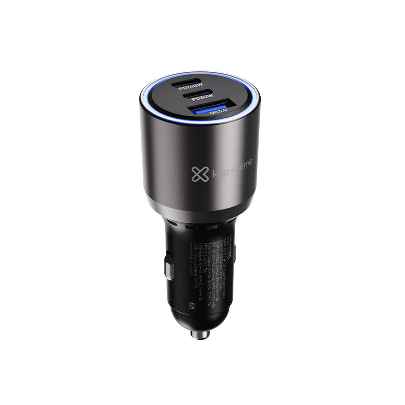 Klipxtreme Car Charger 3 Port 140W 2x USB-C PD (140W & 30W) 1x USB-A 3.0 (18W) LED Ring Light Indicator - Black