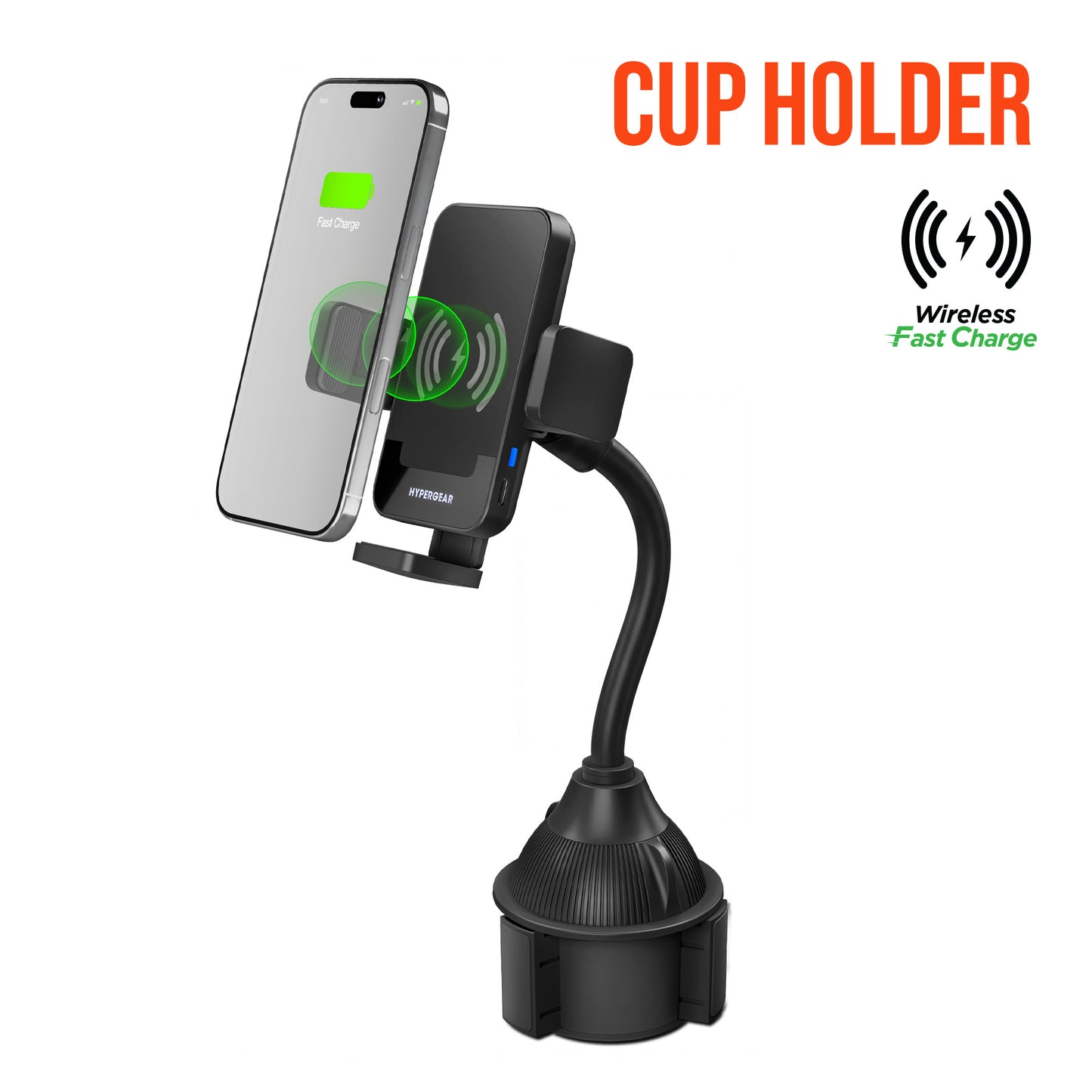 HyperGear Car Mount Universal Cup Holder EZ Grip with 15W Wireless Fast Charging - Black