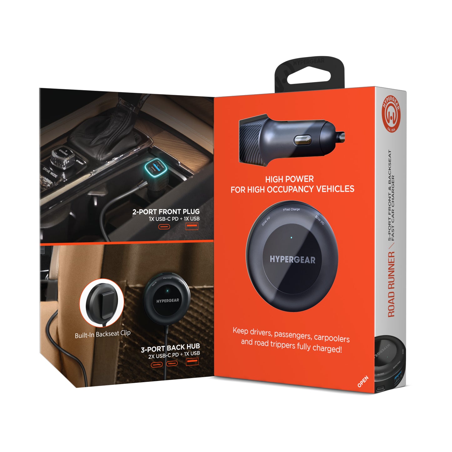 HyperGear Car Charger 5 Port 98W Road Runner 2 Port Front Seat USB-A (18W) USB-C (30W) 3 Port Back Seat USB-A (18W) 2X USB-C (30W & 20W) with 5ft Extended Cable - Black