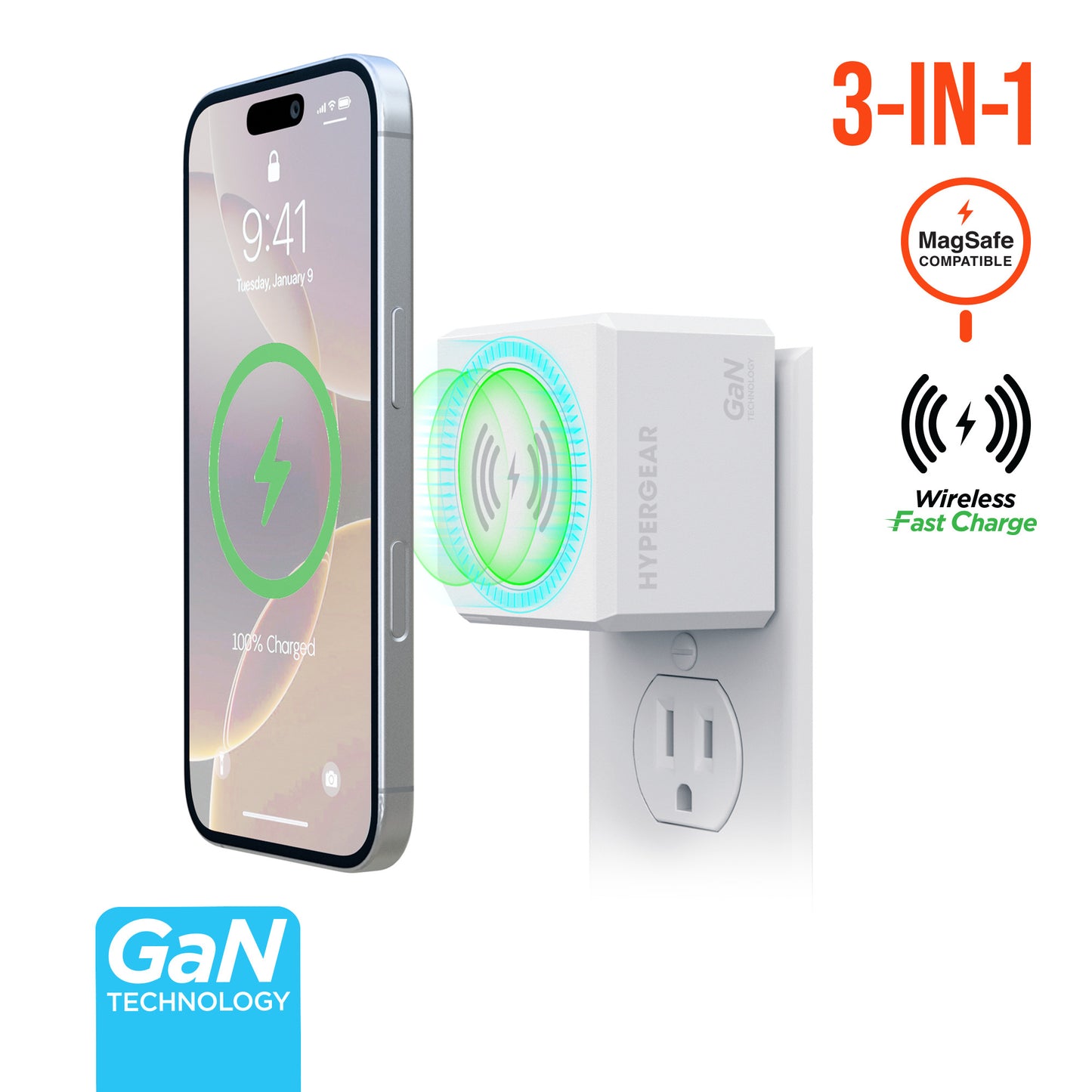 HyperGear Wall Charger MaxCharge 40W 3-in-1 Dual USB-C PD Output with Magnetic Wireless Fast Charger - White