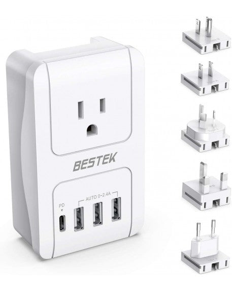 BESTEK World Travel Adaptor 300W with 1 x AC Outlet 3 x USB Ports & USB-C Port - White