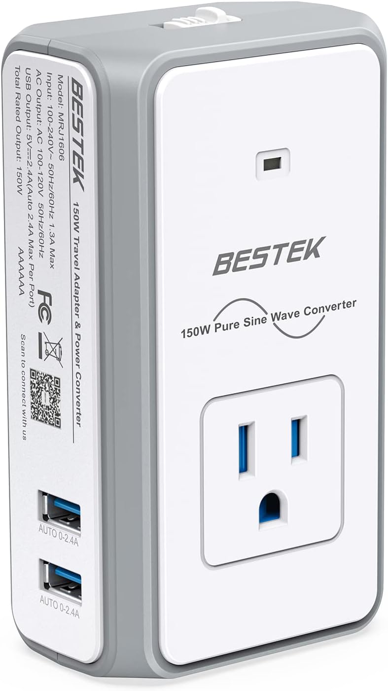 BESTEK World Travel Adaptor 150W with 1 x AC Outlet & 2 x Smart USB Ports