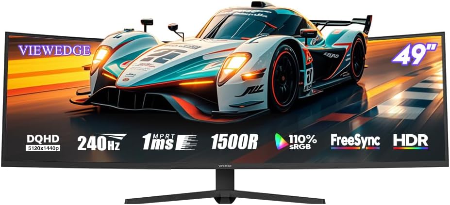 Viewedge Gaming Monitor 49in Curved Ultrawide 5K (5120x1440p) up to 240hz VA panel with contrast ratio of Millions : 1 and 1 ms responsive time 32:9 aspect ratio and 1500R curvature - Black