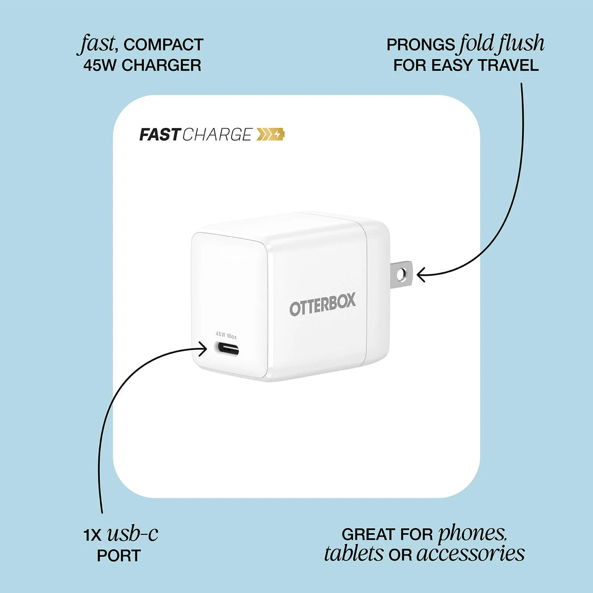 OtterBox Wall Charger 1 Port 45W GaN USB-C Fast Charge Compact Size Foldable Prongs PD PPS - Black