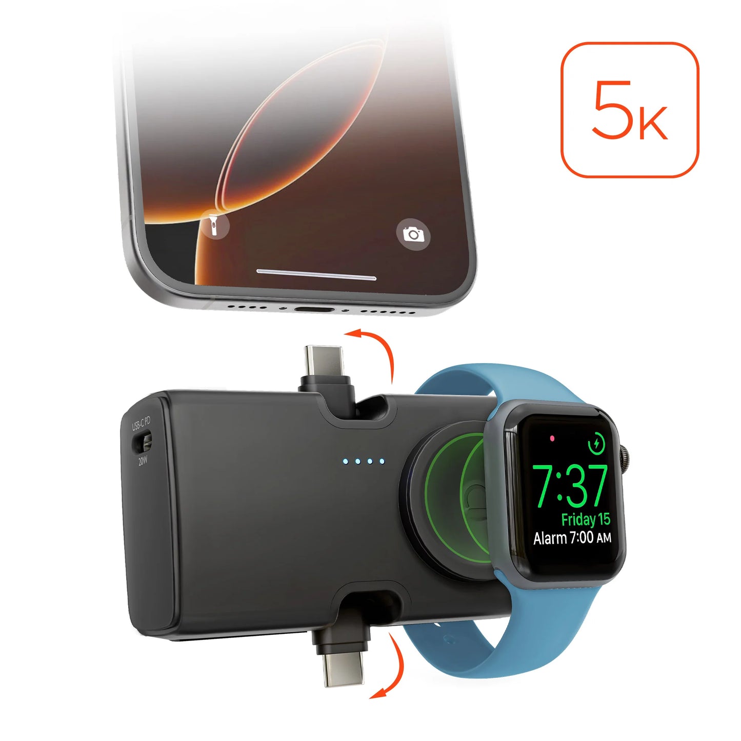 HyperGear Powerbank Nano Ultra-Mini 5000mAh 20W USB-C PD Dual USB-C connectors Magnetic Charging for Apple Watch and Kickstand - Black