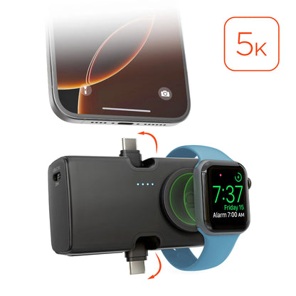 HyperGear Powerbank Nano Ultra-Mini 5000mAh 20W USB-C PD Dual USB-C connectors Magnetic Charging for Apple Watch and Kickstand - Black
