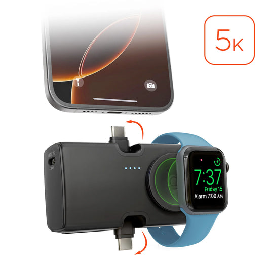 HyperGear Powerbank Nano Ultra-Mini 5000mAh 20W USB-C PD Dual USB-C connectors Magnetic Charging for Apple Watch and Kickstand - Black