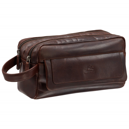 Double Compartment Top Zipper Toiletry Kit Brown