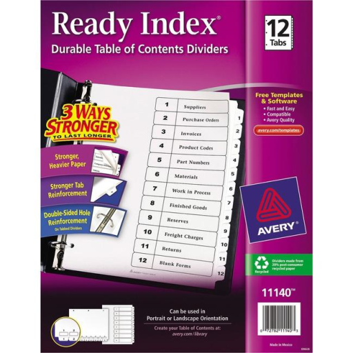 11140 READY INDEX TABLE OF CONTENTS DIVIDERS, 12 TAB, 1 SET,
