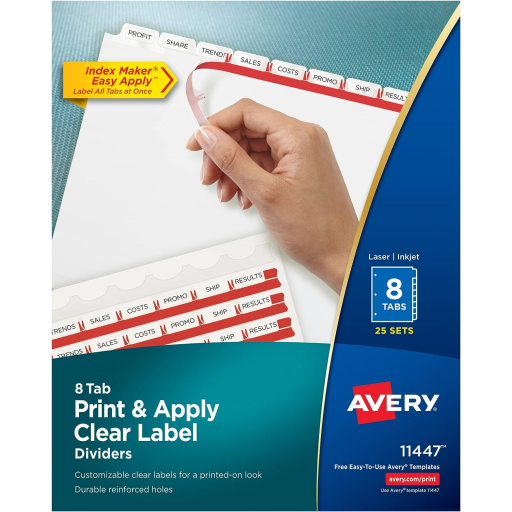 INDEX MAKER CLEAR LABEL DIVIDERS, 8 TAB, 25 SETS, WHIT