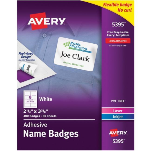 5395 NAME BADGE LABELS, 3 3/8" X 2 1/3" WHITE, 50 SHEETS/BOX