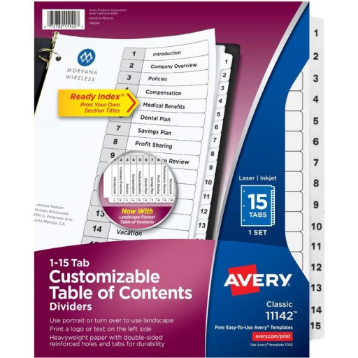 11142 READY INDEX TABLE OF CONTENTS DIVIDERS, 15 TAB, 1 SET,