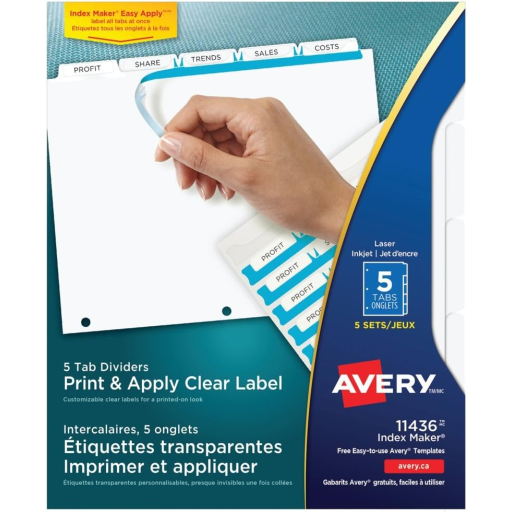 INDEX MAKER CLEAR LABEL DIVIDERS, 5 TAB, 5 SETS, WHITE