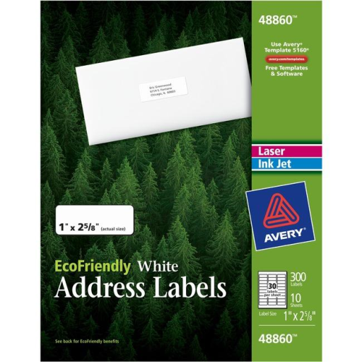 48860 ECO WHITE MAILING LABEL, PERMANENT, 1" X 2 5/8", 10 SH