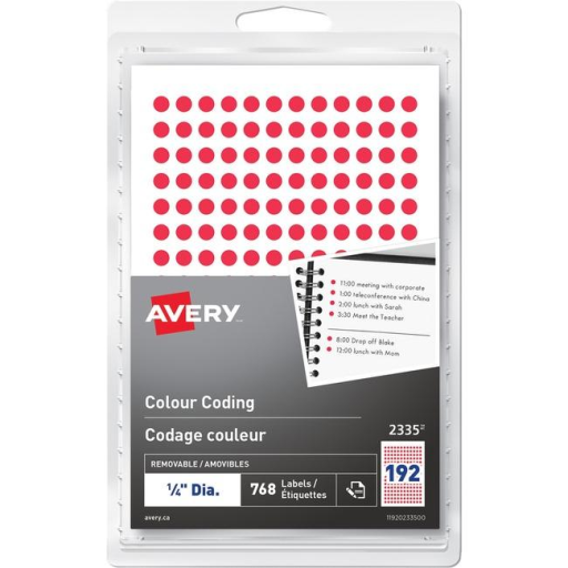 Avery Hand-write Colour Coding Labels ¼" Round, Removable, Red, 768/pkg