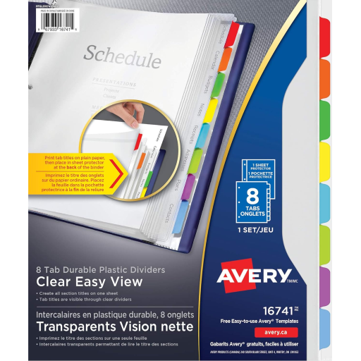 16741 CLEAR EASY VIEW DIVIDERS 8-TAB, MULTI-COLORED TABS AND