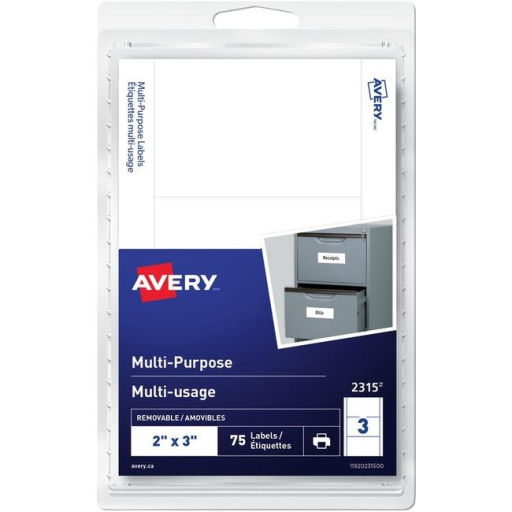 2315 Avery® Multi-Purpose Removable Labels for Laser and Inkjet Printers, 2" x 3"  Removable Matte White Paper / White / Removable