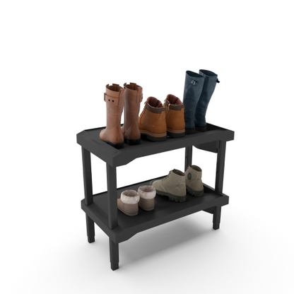 Rakabot Plastico 2 tier affordable water and mud collecting shoe and boot rack that stores 4 pairs. Stackable to 6 tier. Sturdy plastic easy to clean. Dark grey anthracite color. Made In Canada Invention.