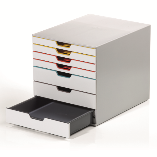DURABLE VARICOLOR Desktop Drawer Organizer, 7 Color-Coded Drawers, Stackable, Soundless Opening, 14" L x 11.5" W x 11" H, Gray & Multicolored (760727)