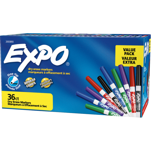 EXPO Dry Erase Markers, Low Odour Ink, Assorted Colours, Fine Tip, 36 Count