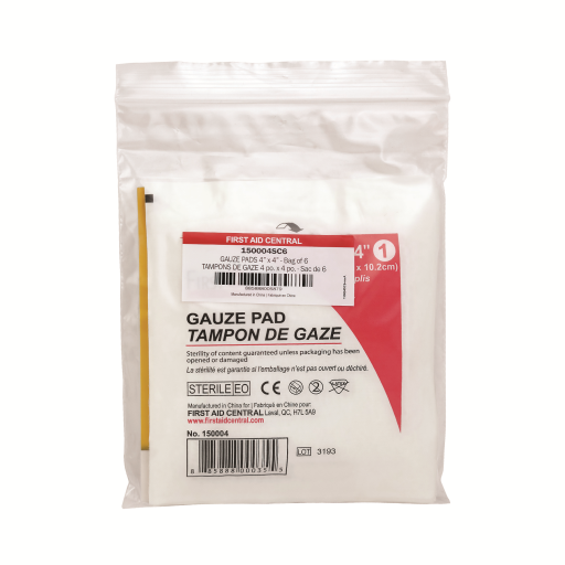 Gauze Pads, Sterile, 10.2 x 10.2 cm (4" x 4"), 6 per Bag