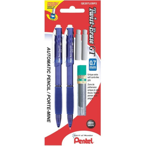 Twist-Erase GT Retractable Mechanical Pencils, (0.7mm) Assorted Colours, 2PC Pack with Leads and Refill Eraser