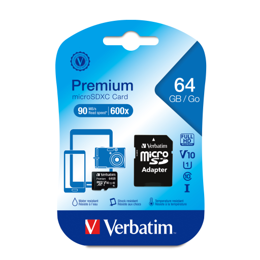 Verbatim 64GB Prem MicroSDXC UHS-I V10 Cls10 Adap