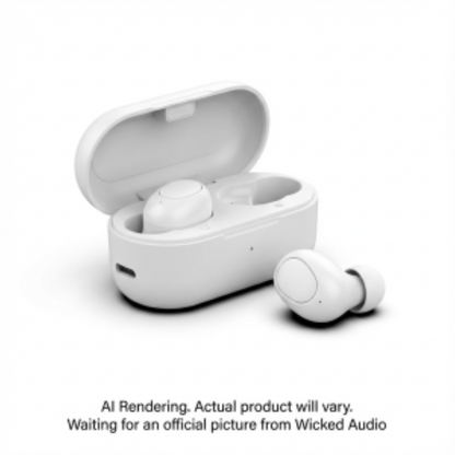 White Wicked Audio Driftr True Wireless Earbuds with one earbud in its open charging case.