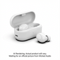 White Wicked Audio Driftr True Wireless Earbuds with one earbud in its open charging case.