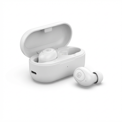 A photorealistic studio photograph of the Wicked Audio Driftr White earbuds and open charging case on a pure white background, angled to show the left side.