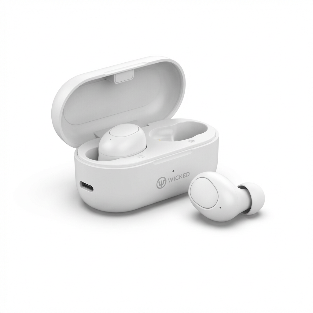 Photorealistic studio product photo of Wicked Audio Driftr white wireless earbuds and charging case.