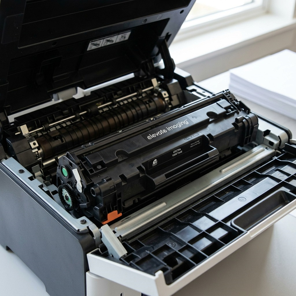 A photorealistic close-up shows the compatible HP CF279A toner cartridge installed in a laser printer.