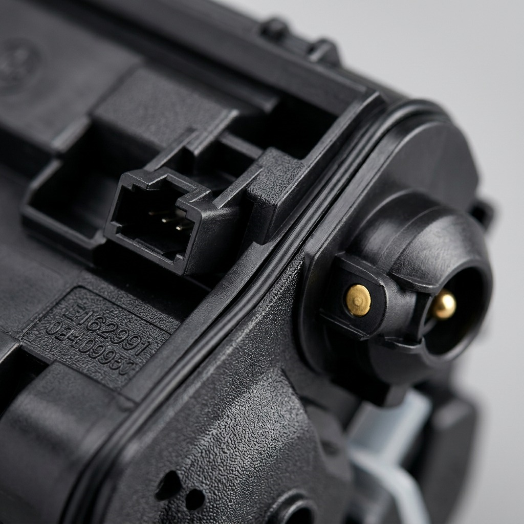A macro photo shows the textured black finish and fine detail on an Elevate toner cartridge connector and nozzle.