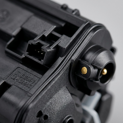 A macro photo shows the textured black finish and fine detail on an Elevate toner cartridge connector and nozzle.