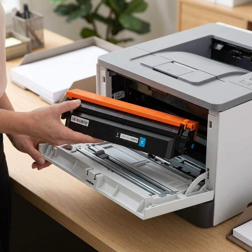 A cyan Elevate Imaging HP CF411X toner cartridge being installed by a hand into a compatible color laser printer for printing.