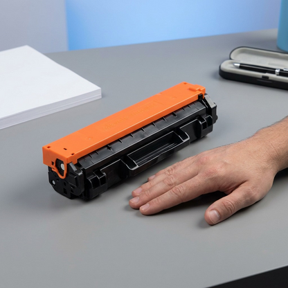 A studio photograph comparing the Elevate Imaging compatible toner cartridge from image_0.png with a real, adult human hand.