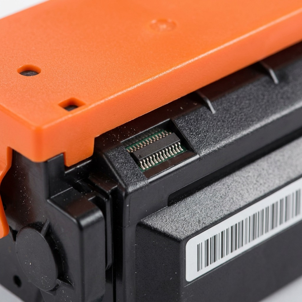 Extreme macro view showcasing precision chip connectors on a compatible HP CF411X toner cartridge.