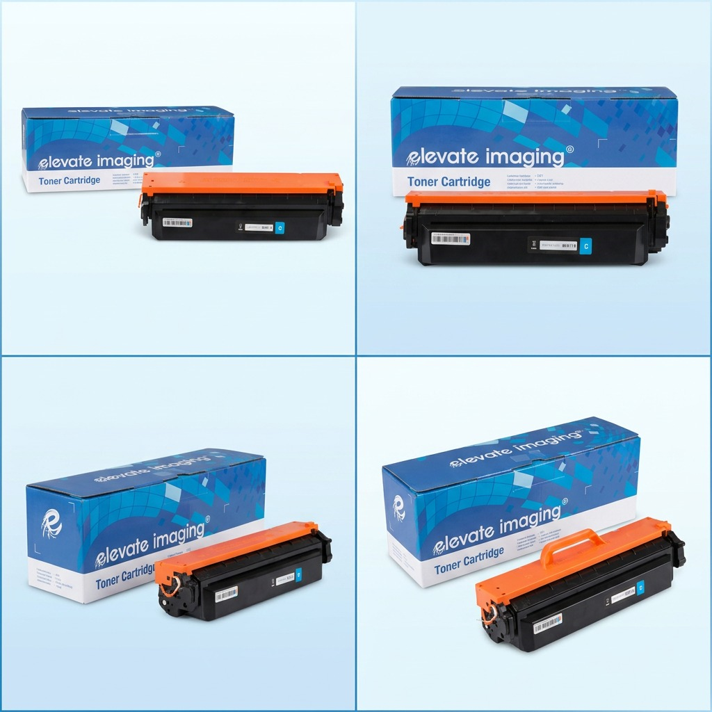 A clean product matrix image displaying four distinct angles of the matching blue logic Elevate Imaging toner cartridge and box bundle from image_0.png.