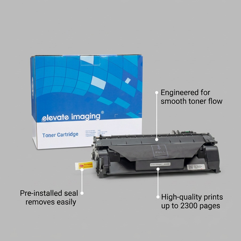 An ecommerce product view with feature callout lines highlighting technical specifications: smooth toner flow, 2300 page yield, and easy-to-remove pre-installed seal; grounded in actual product data and the canonical image.