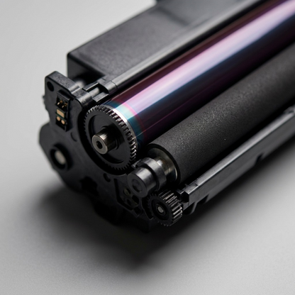 Extreme macro view showing the glossy imaging drum and precision gears of the Hewlett-Packard laser toner cartridge on a grey background.