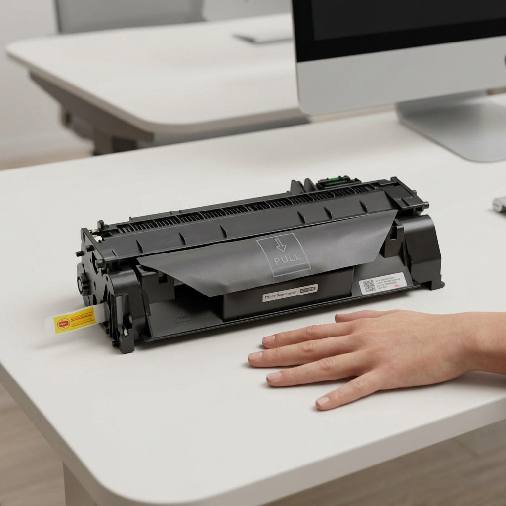 A photo of the Elevate Imaging CE505A toner cartridge in its operational state, showing its true size next to the palm of a person's hand.