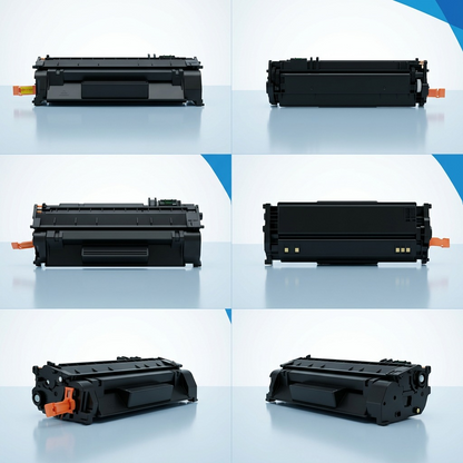 A grid showing an Elevate-branded HP CE505A cartridge from six angles in sleek, premium e-commerce lighting.