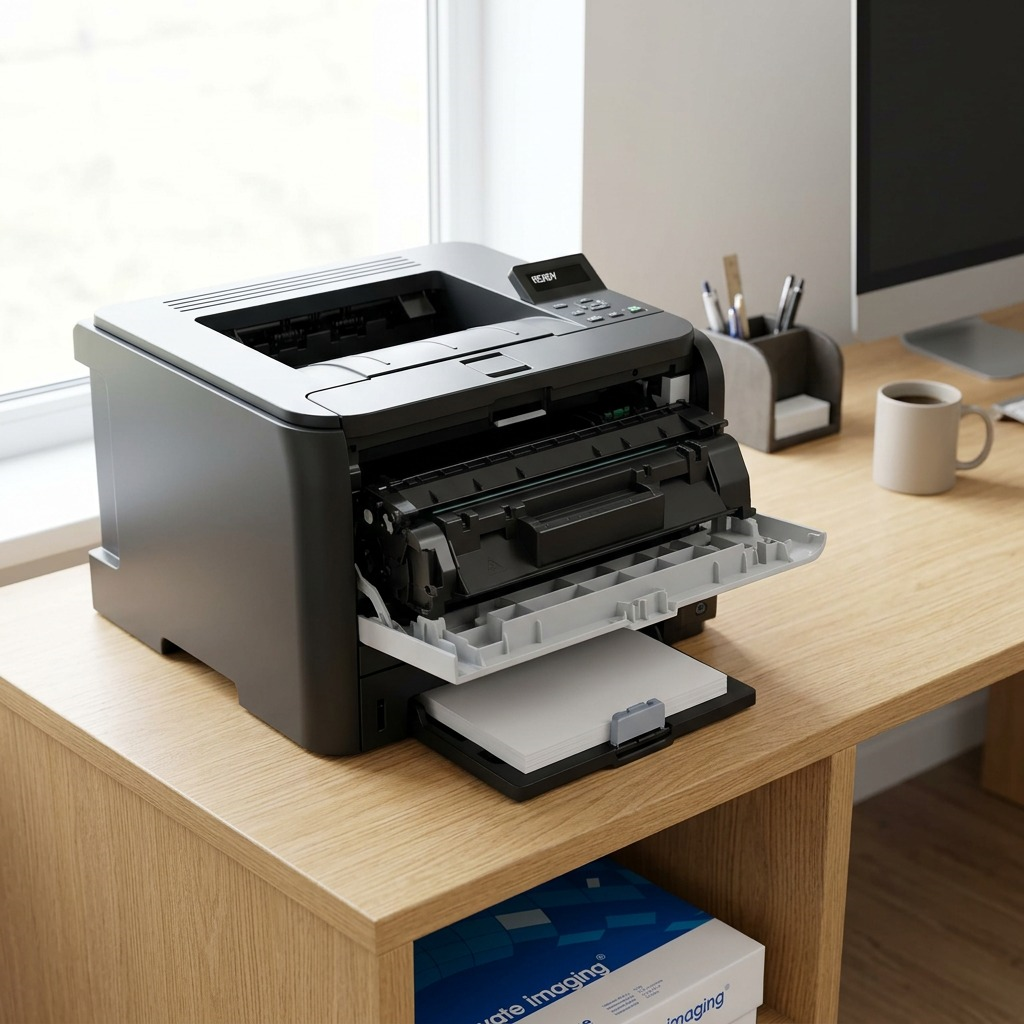 Lifestyle photograph of the Elevate Imaging CE505A cartridge installed in an office laser printer.