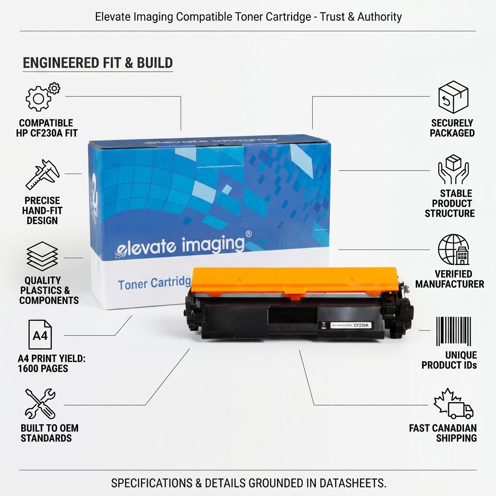 Trust & authority infographic for Elevate Imaging's compatible HP CF230A toner cartdige.