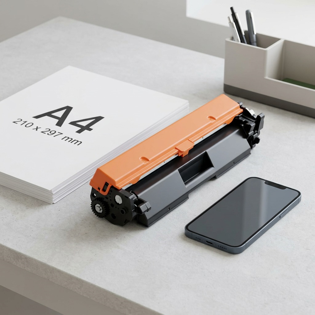 A photo showing an Elevate Imaging compatible CF230A toner cartridge next to standard A4 paper and a smartphone for scale.