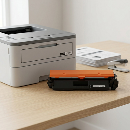 A product photograph of a black laser toner cartridge with an orange roller cover, in focus, placed beside a grey and white office laser printer on a light wood desk, next to a stack of printed documents.