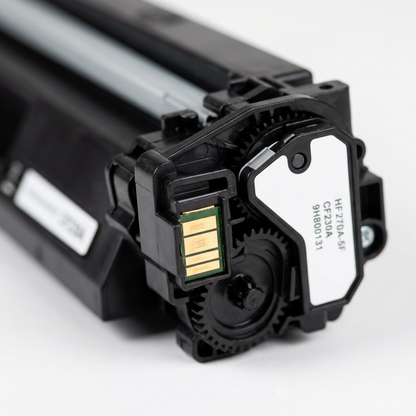 Extreme close-up of toner cartridge contacts and gear mechanism.