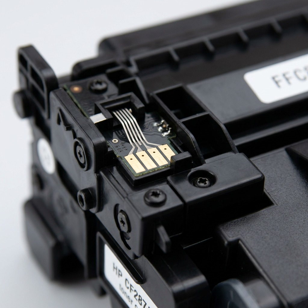 An extreme close-up photograph of the electronic contact points and toner level chip on the Randmar compatible HP CF287A toner cartridge.